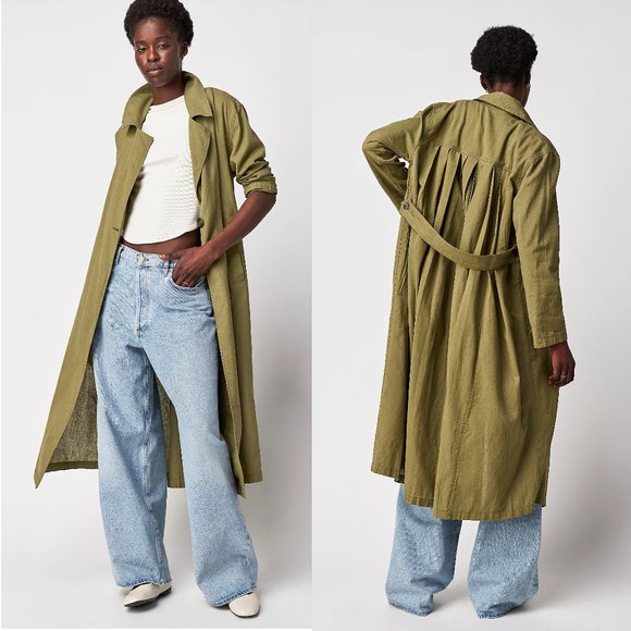 Free People Jackets & Blazers - Free People Rae Duster Jacket Pleated Trench Coat in Washed Olive NWT - Medium